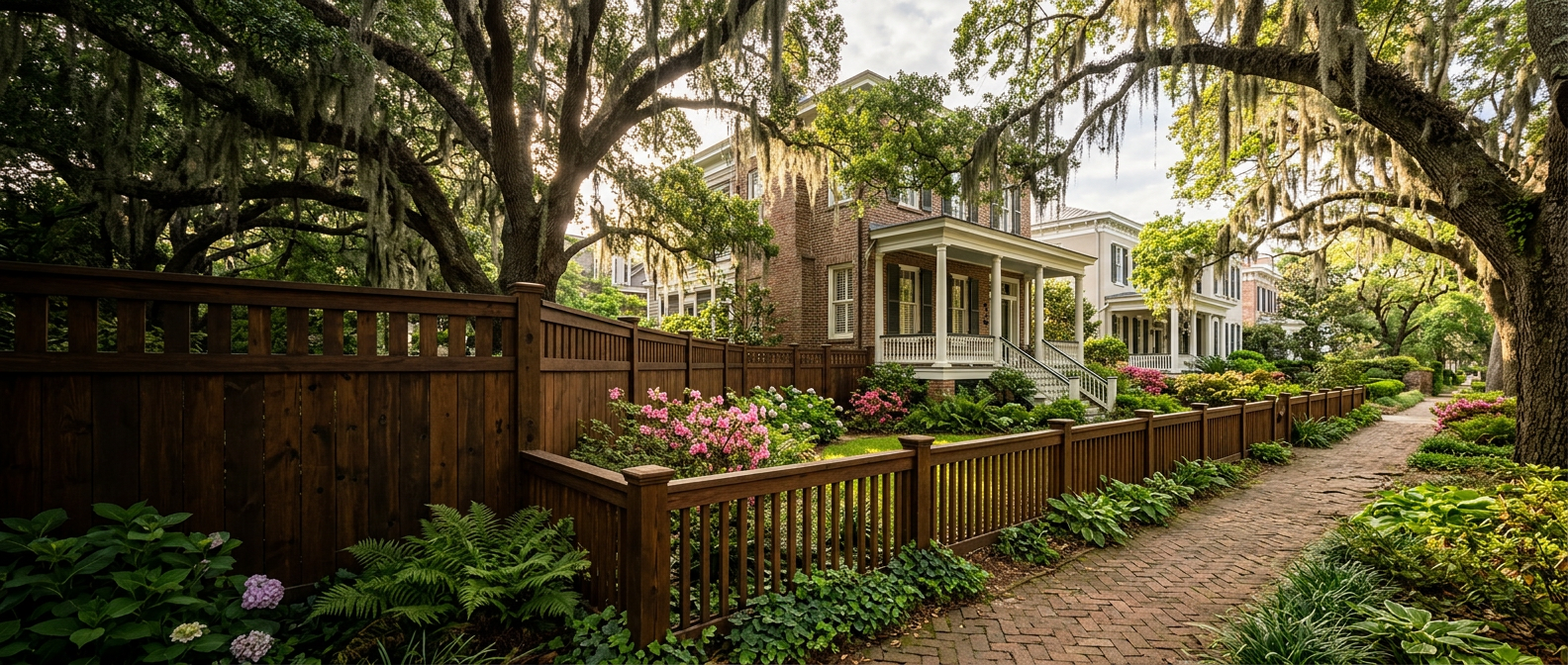 Premium wood fence surrounding a historic downtown Savannah home beneath live oak trees with Spanish moss